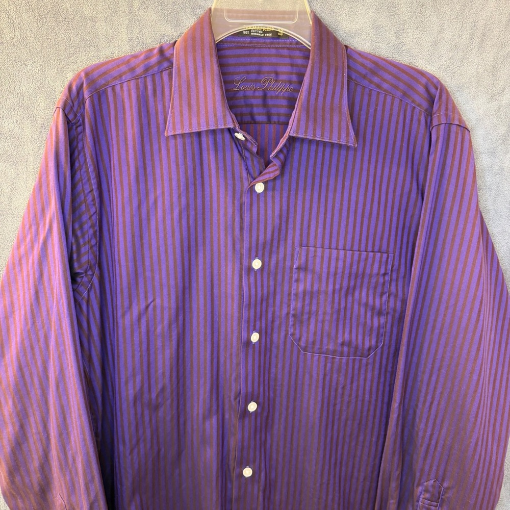 Louis Philippe Mens M Purple Brown Striped 100% Cotton Wrinkle Free Dress Shirt
